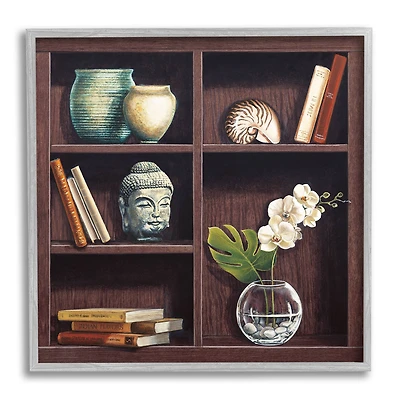 Stupell Industries Eastern Culture Inspired Bookshelf with Floral Vase Still-Life in Gray Frame Wall Art