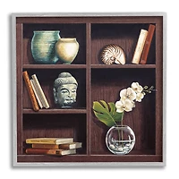 Stupell Industries Eastern Culture Inspired Bookshelf with Floral Vase Still-Life in Gray Frame Wall Art
