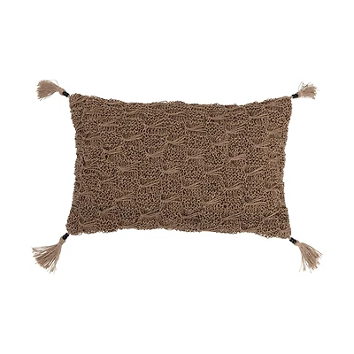 Hello Honey® Brown Hand-Woven Cotton & Jute Macramé Lumbar Pillow with Tassels & Mango Wood Beads