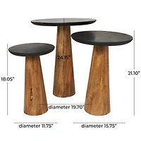 Brown Mango Wood Handmade Cone Shaped Accent Table with Black Tabletop Set