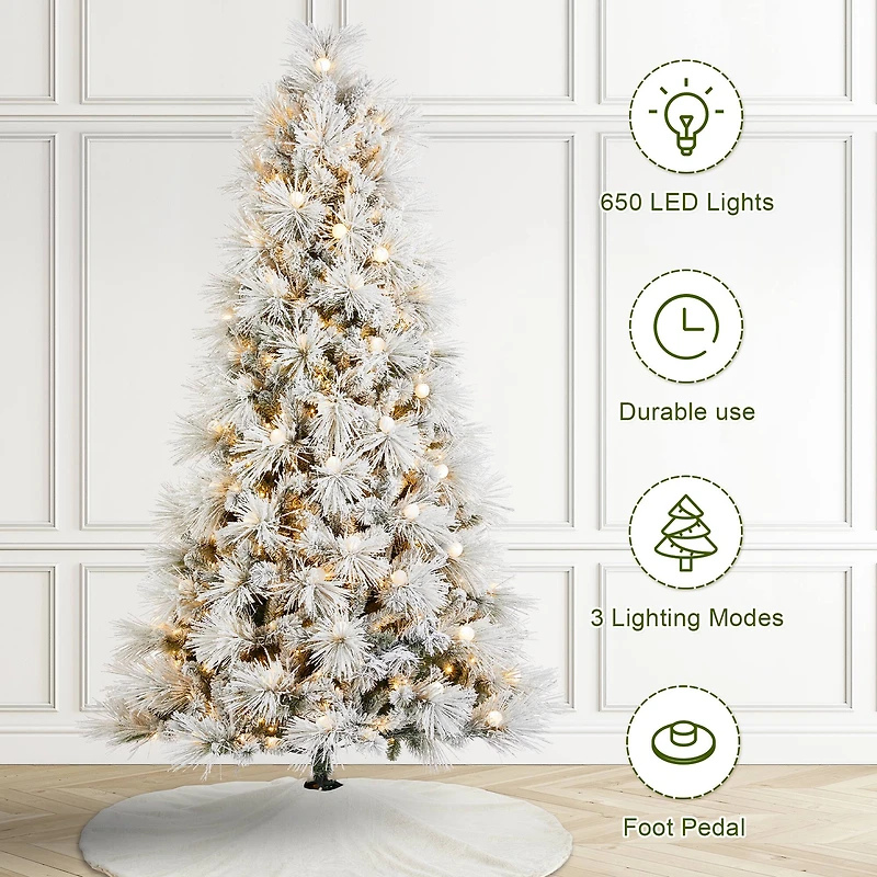 Glitzhome® 7.5ft Pre-Lit Flocked Full Pine Artificial Christmas Tree, Warm White LED Lights