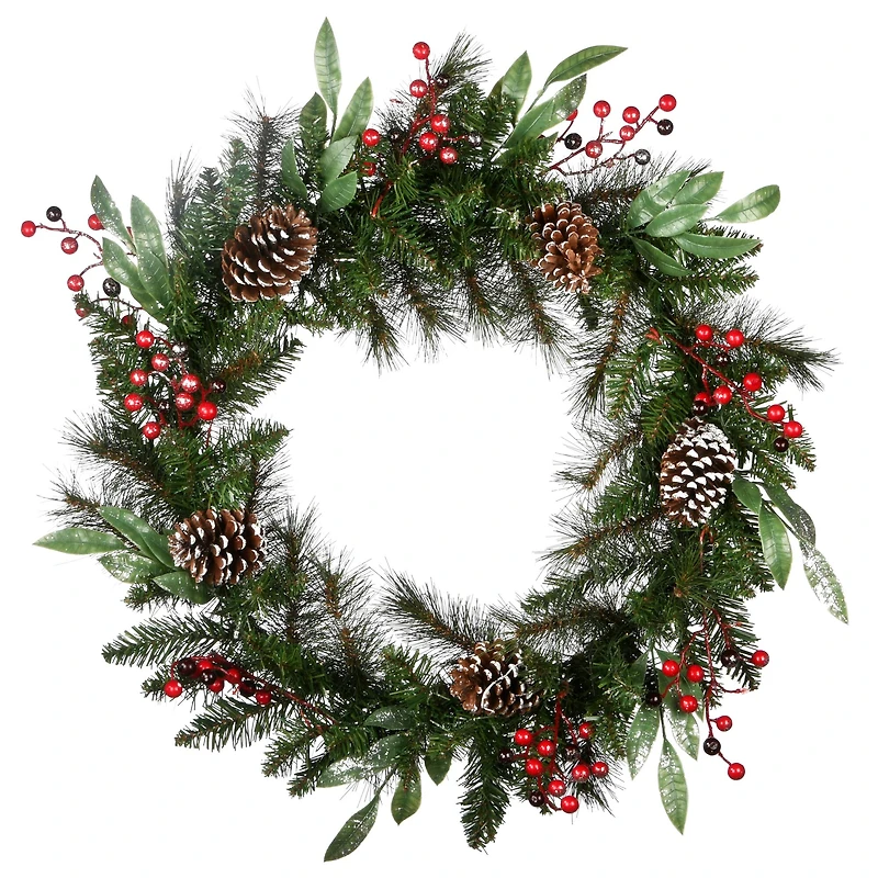 30" Frosted Pine Berry Collection Wreaths with Big White Edged Pine Cones, Red Berries, Silver Glittered Eucalyptus Leaves & Warm White LED Lights