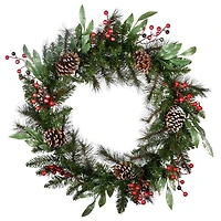 30" Frosted Pine Berry Collection Wreaths with Big White Edged Pine Cones, Red Berries, Silver Glittered Eucalyptus Leaves & Warm White LED Lights