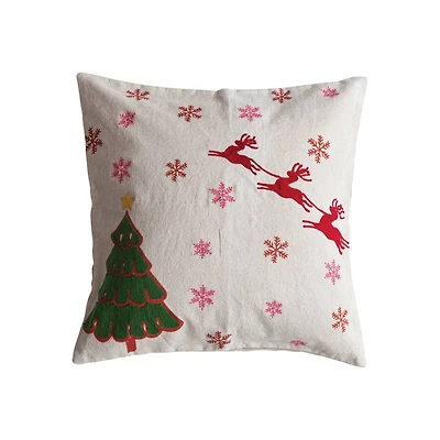Hello Honey® 18" Embroidered Tree & Snowflakes with Reindeer Linen Throw Pillow