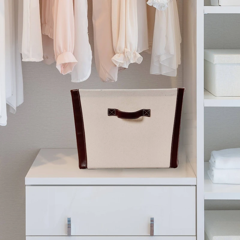 Household Essentials 16" Canvas Bin with Vegan Leather Trim
