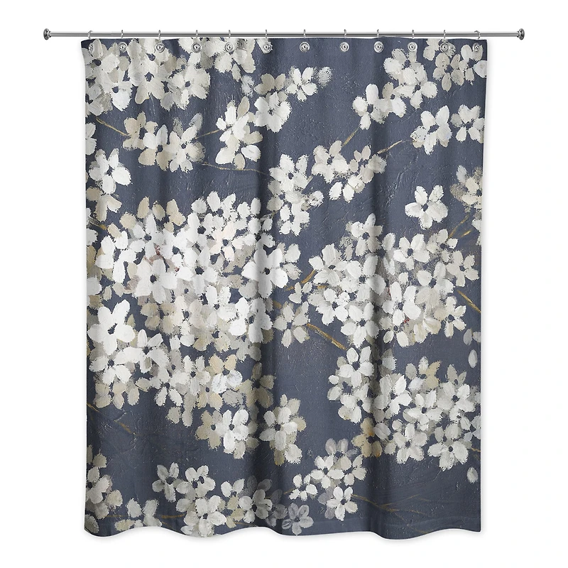 White Blossoms on Navy Shower Curtain