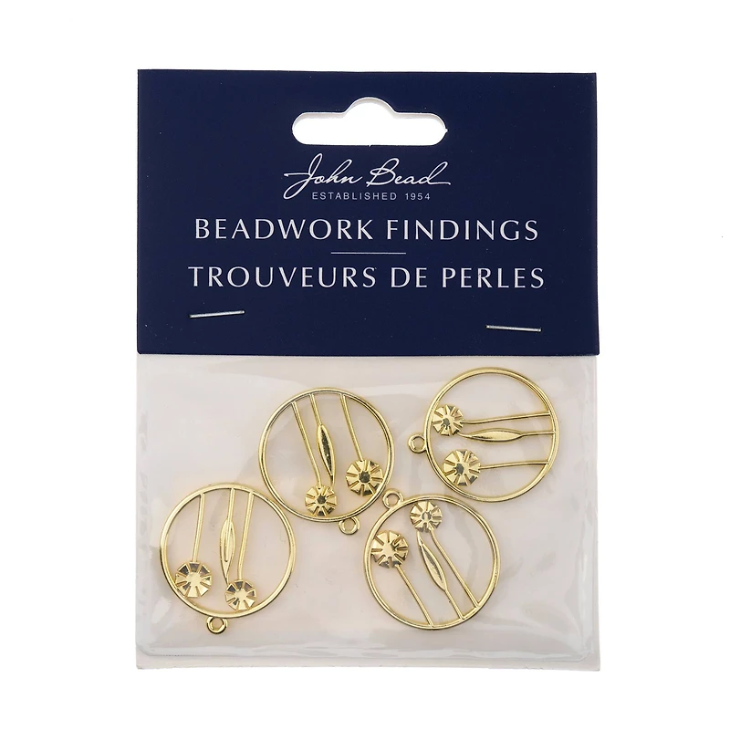 John Bead 25mm Gold Circle with Flowers Beadwork Pendants, 4ct.