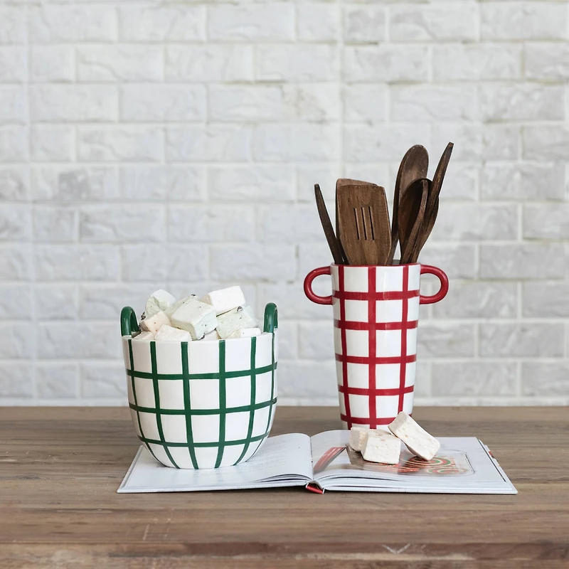 Hello Honey® 6.75" Hand-Painted Green & White Grid Stoneware Container with Handles