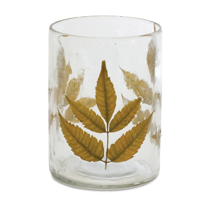 4" Dried Leaf Glass Candle Holder Set