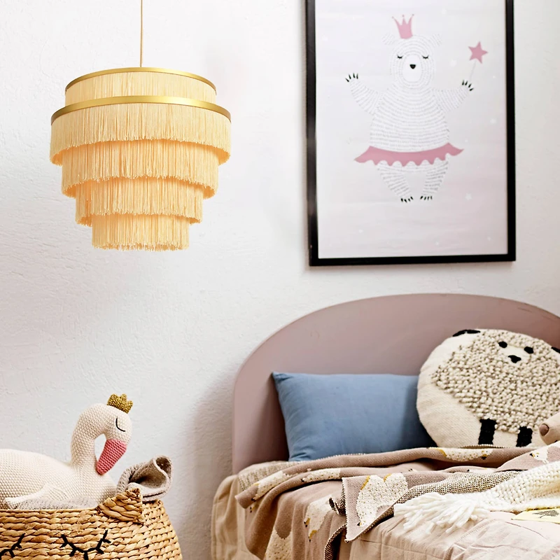 Hello Honey® Gold Metal with 5-Tiered Cream Fringe Pendant Lamp