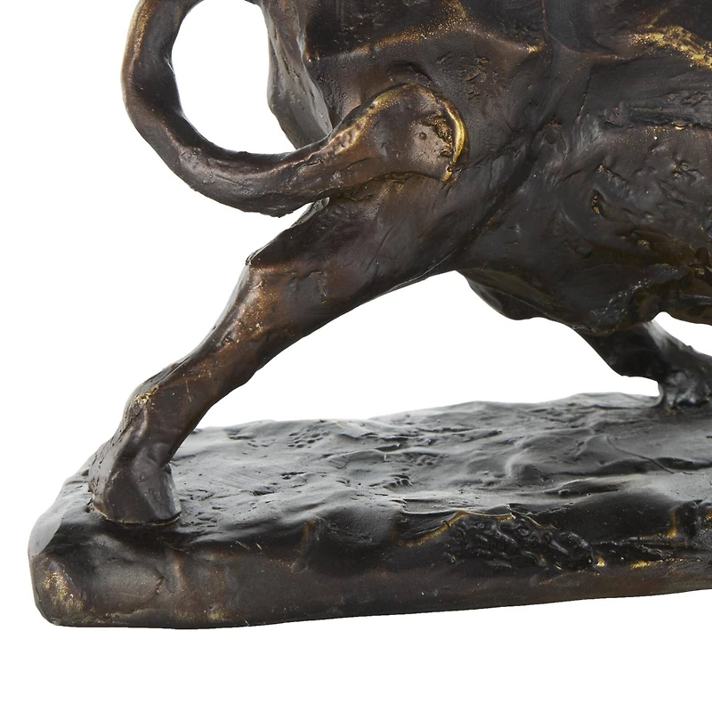 14.5" Black Polystone Bull Distressed Textured Decorative Sculpture with Gold Accents