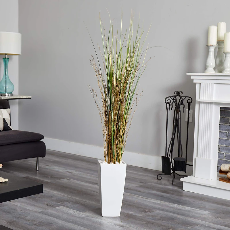 5ft. Bamboo Grass Plant in White Ceramic Tower