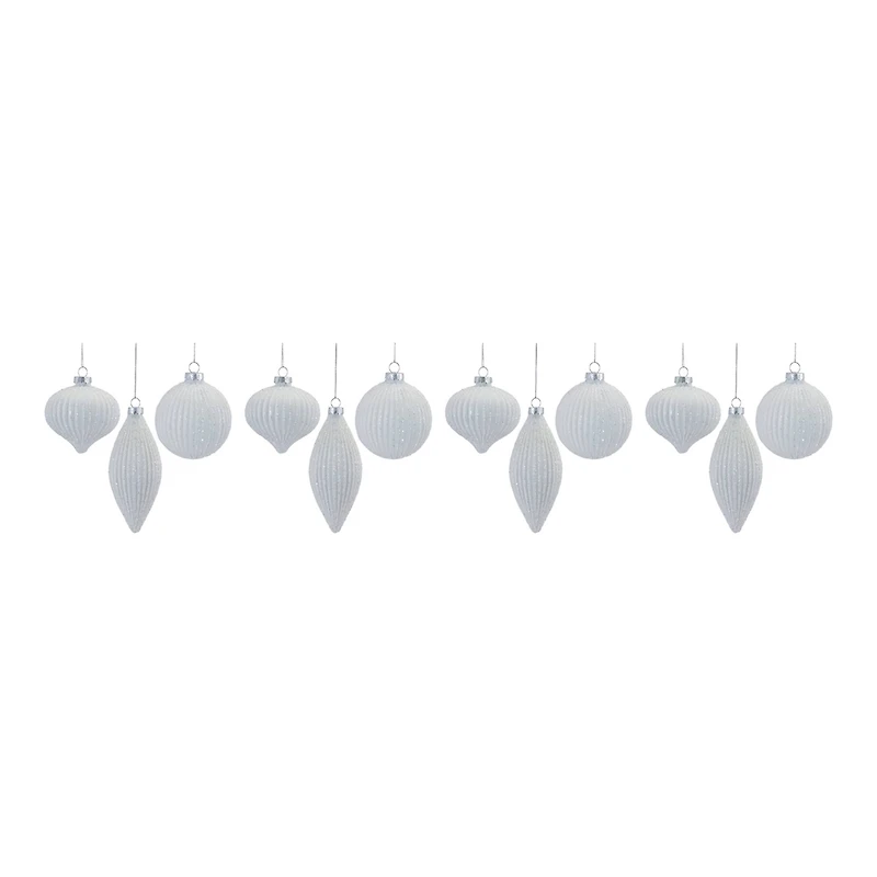 Glitter Ribbed White Glass Ornament Set