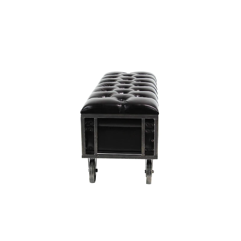 Industrial Rectangular Black Faux Leather and Wood Storage Bench, 19" x 47" x 16"