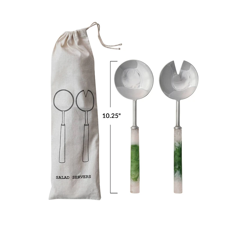 Hello Honey 2-Piece Stainless Steel Salad Servers with Marbled Resin Handles, Green and White