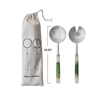Hello Honey 2-Piece Stainless Steel Salad Servers with Marbled Resin Handles, Green and White
