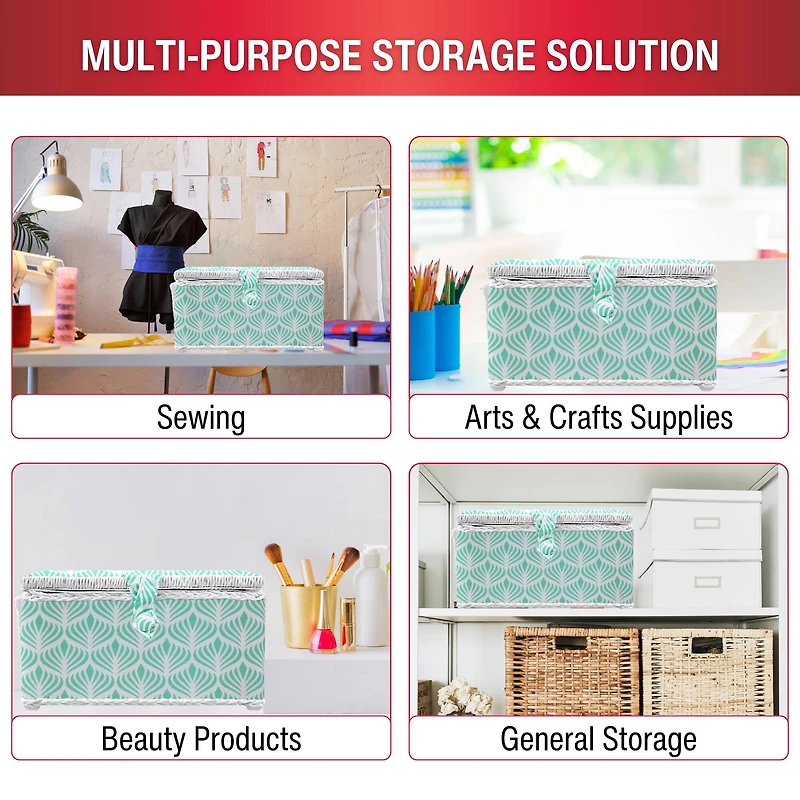 SINGER® Large Blue Boho Fan Print Sewing Basket with Sewing Scissors & Notions