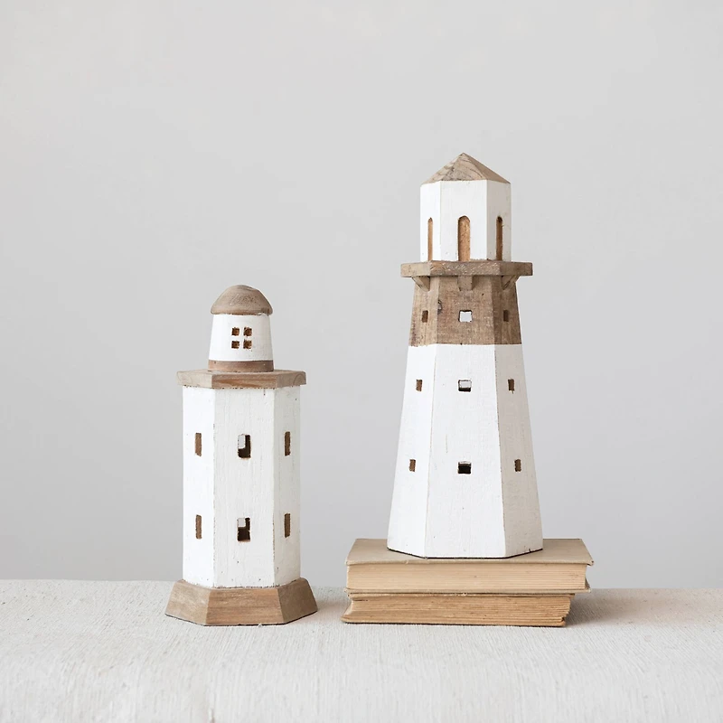 Hello Honey® 14" Natural and White Decorative 2-Tone Wood Light House