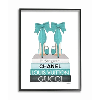 Stupell Industries Turquoise Bow Heels on Books Women's Fashion Framed Wall Art