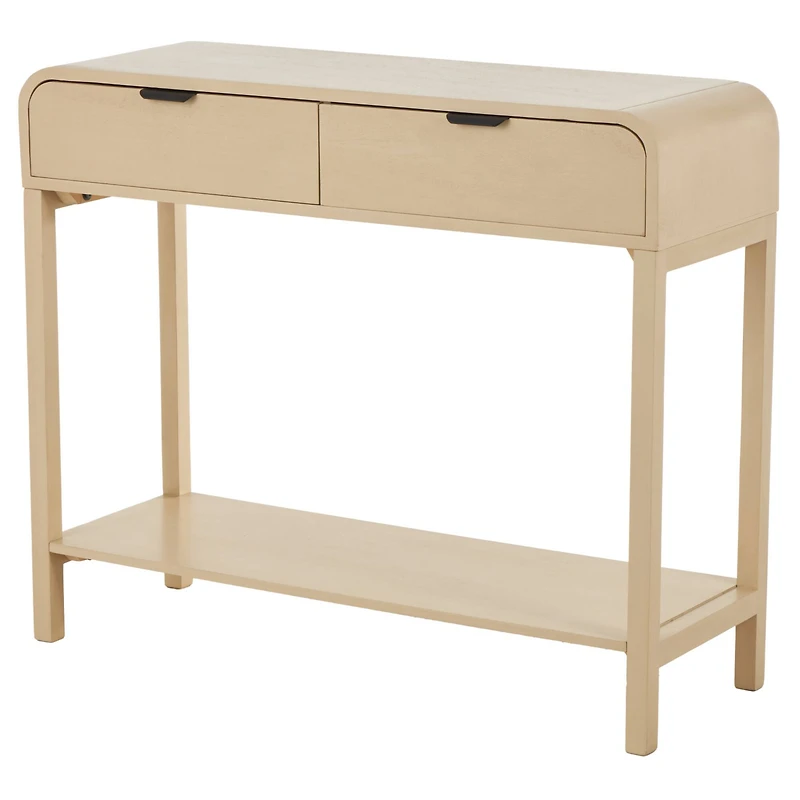 35.5" Beige Wood Handmade 2-Drawer Console Table with Black Handles