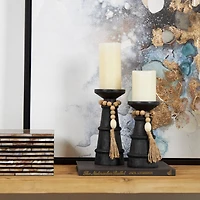 Black Wood Handmade Textured Matte Candle Holder with Beaded Garland Accent Set