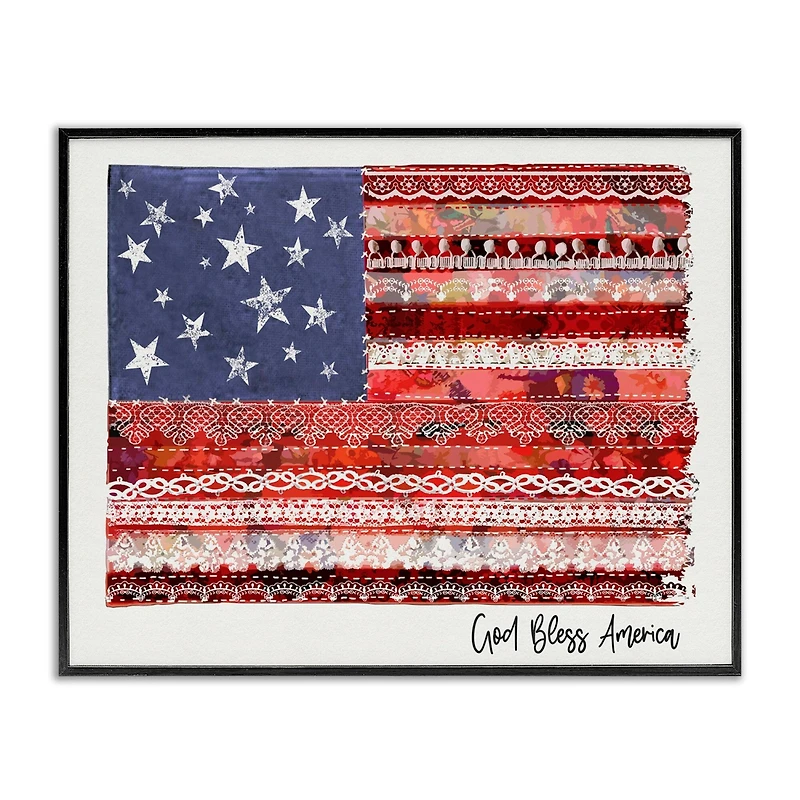 Stupell Industries God Bless America Phrase Macrame Pattern Flag Framed Giclee Art