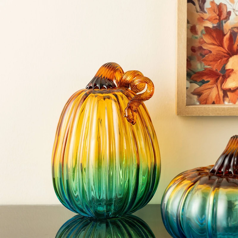 Glitzhome® 7" Gradient Turquoise Glass Pumpkin