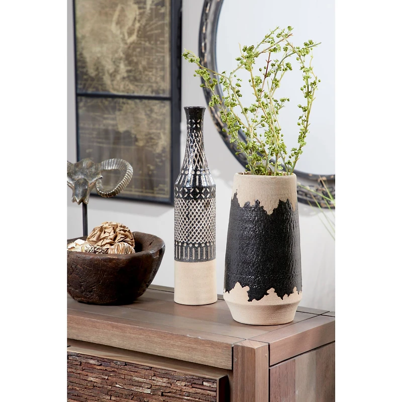 Set of 2 Black Porcelain Contemporary Vase, 7" x 12"