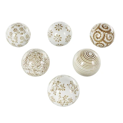 3.5" White & Brown Floral Ceramic Decorative Ball Orbs Set