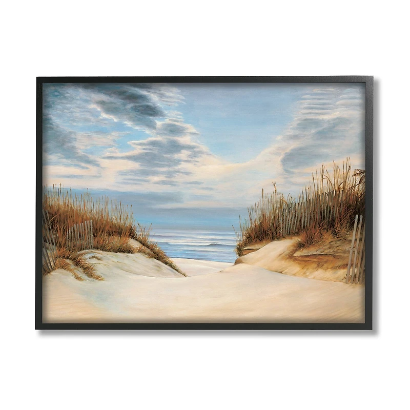 Stupell Industries Alluring Cloudy Beach Path Wooden Fence Tall Grass in Frame Wall Art