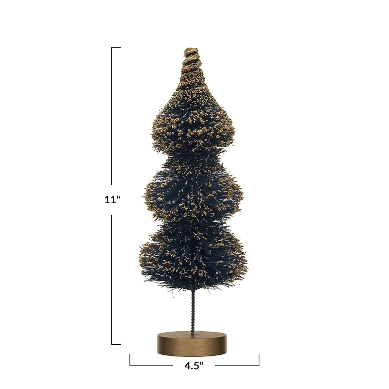 Hello Honey® 11" Blue Sisal Bottle Brush Tree with Gold Glitter & Wood Base