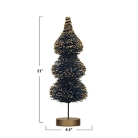 Hello Honey® 11" Blue Sisal Bottle Brush Tree with Gold Glitter & Wood Base