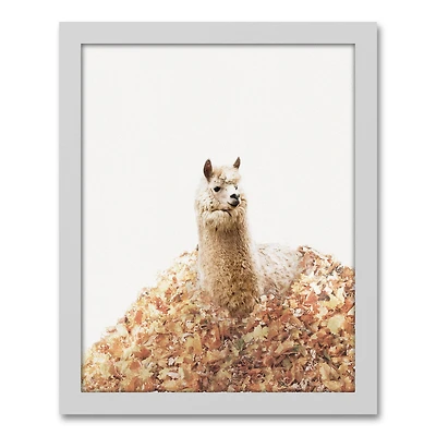 Leafy Llama Pile White Framed Canvas