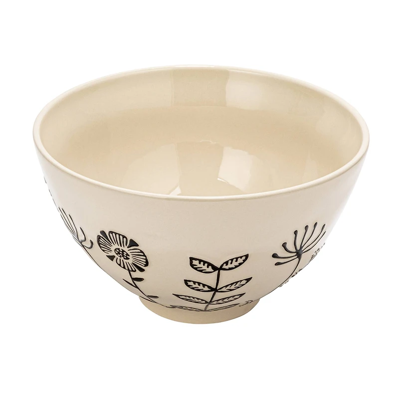 Hello Honey® 12" Cream & Black Embossed Flowers Hand-Painted Stoneware Serving Bowl