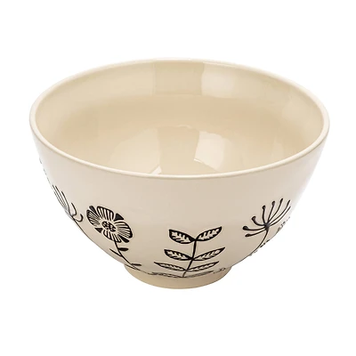 Hello Honey® 12" Cream & Black Embossed Flowers Hand-Painted Stoneware Serving Bowl