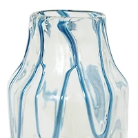13" Cream with Wavy Blue Design Abstract Glass Vase