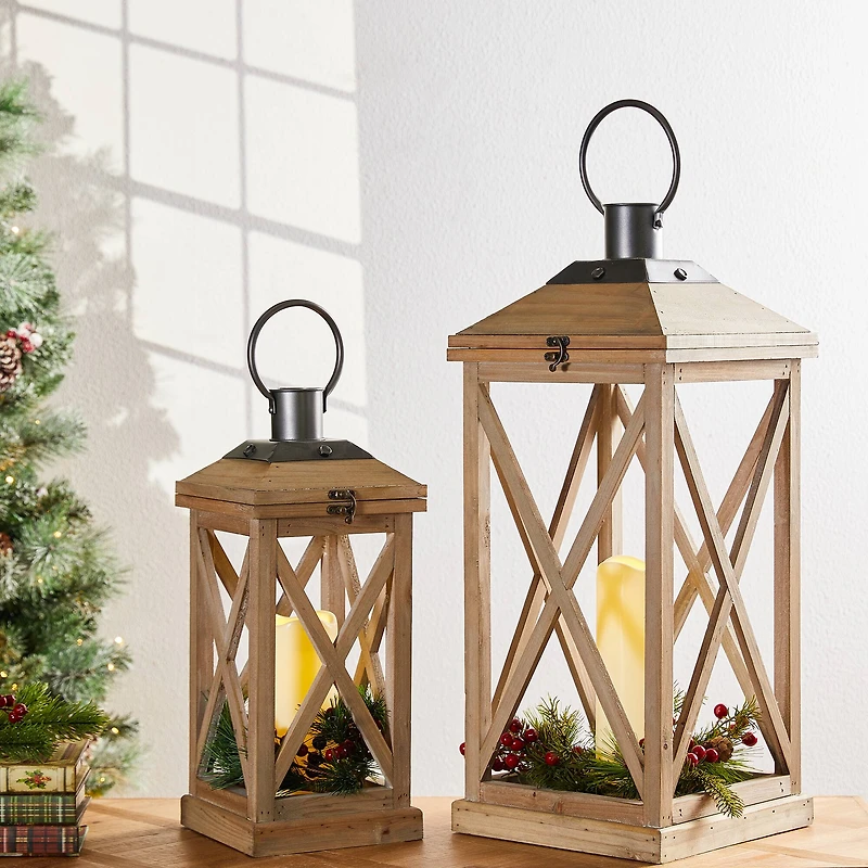 Glitzhome® Brown Wooden Modern Farmhouse Lantern Set