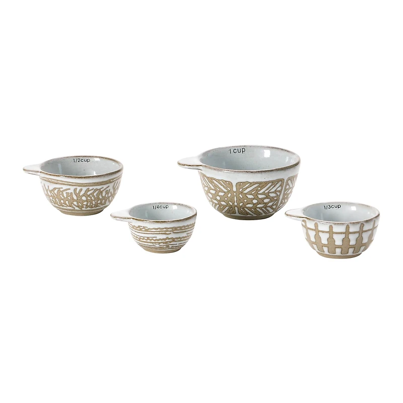 Hello Honey® White & Tan Stoneware Measuring Cups with Wax Relief Pattern, 4ct.