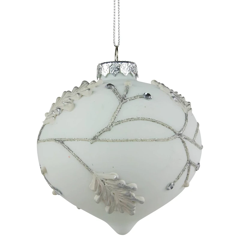 3.5" White & Silver Leaves Glass Onion Ornament
