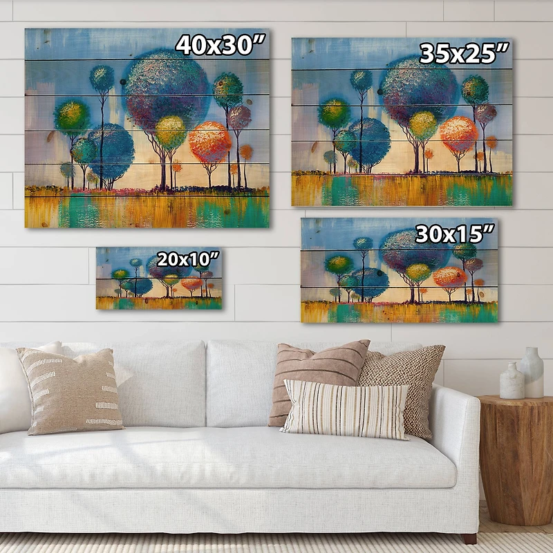 Designart - Colourful Trees Impressionist Landscape I - Modern Print on Natural Pine Wood