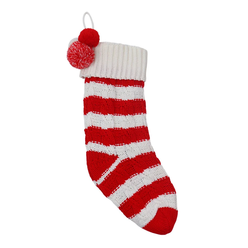 18.5" & White Stripe Knit Stocking with Pom Poms by Ashland