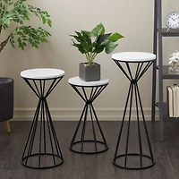 Black Metal Geometric Cone Shaped Rod Plant Stand with Marble Tabletop Set