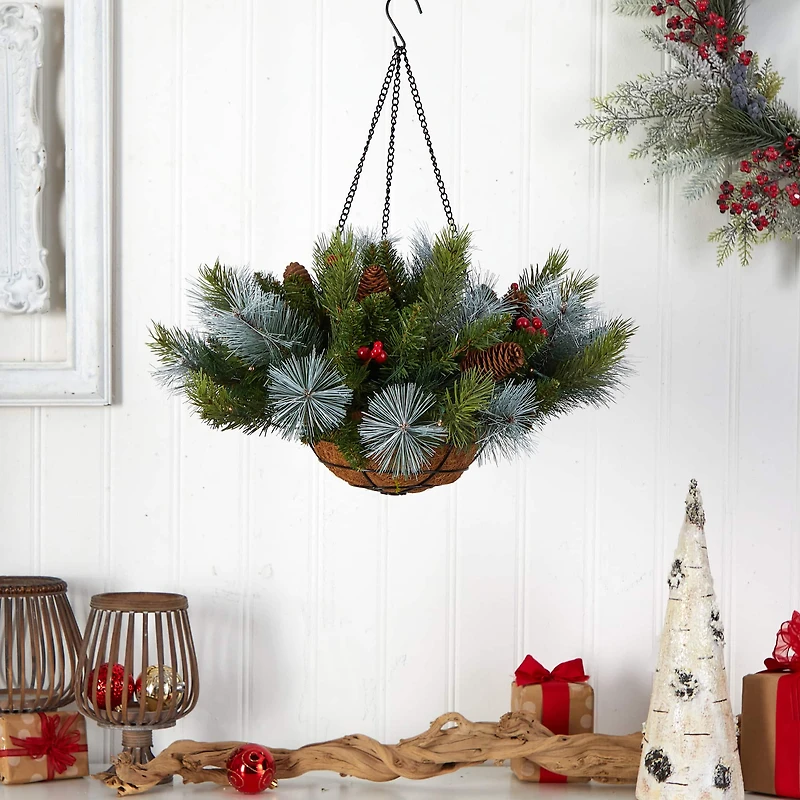 2ft. LED Pine & Berries Artificial Christmas Hanging Basket