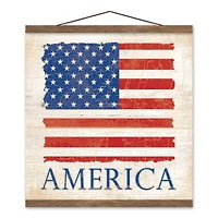 Rustic American Flag Teak Hanging Canvas