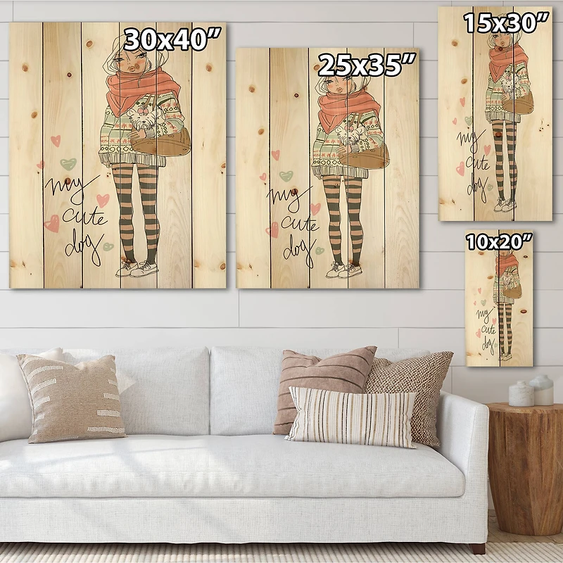Designart - Cute Girl With Dog - Shabby Chic Print on Natural Pine Wood