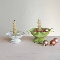 Hello Honey® 7" Distressed Green Large Scalloped Painted Metal Taper Candleholder with Handle