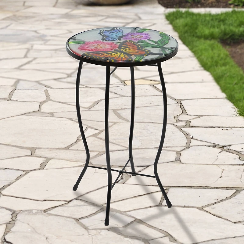 19" Floral & Butterfly Glass Patio Side Table