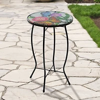 19" Floral & Butterfly Glass Patio Side Table