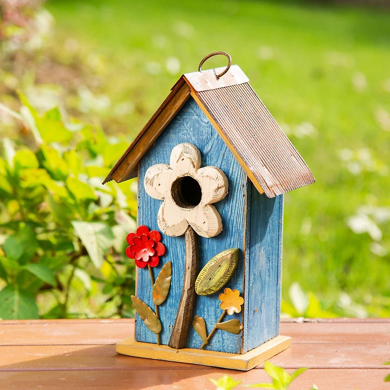 Glitzhome® 10.25" Retro Blue Distressed Flower Birdhouse