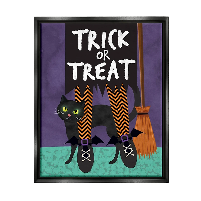 Stupell Industries Trick or Treat Cat & Witch Framed Floater Canvas Wall Art